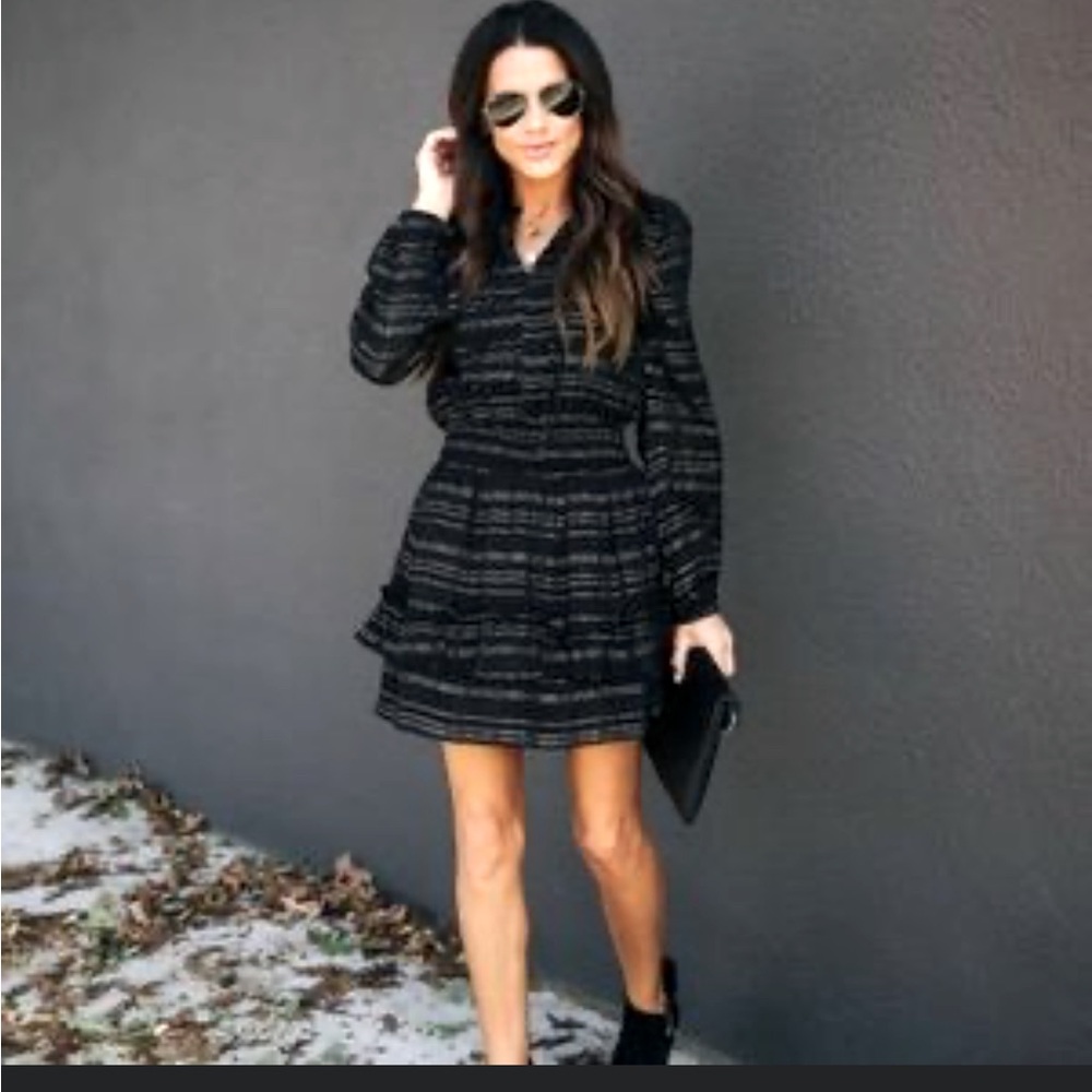 Vacate the Label Dress - black long sleeve ruffle mini length w/silver metallic